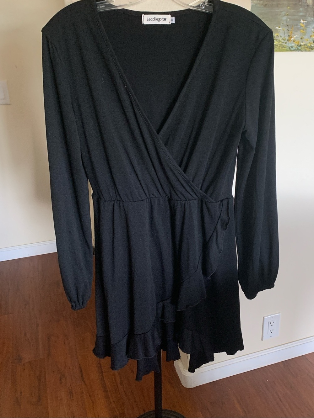 Black Wrap-Style Long Sleeve Dress, with attractive ruffled front and hemline